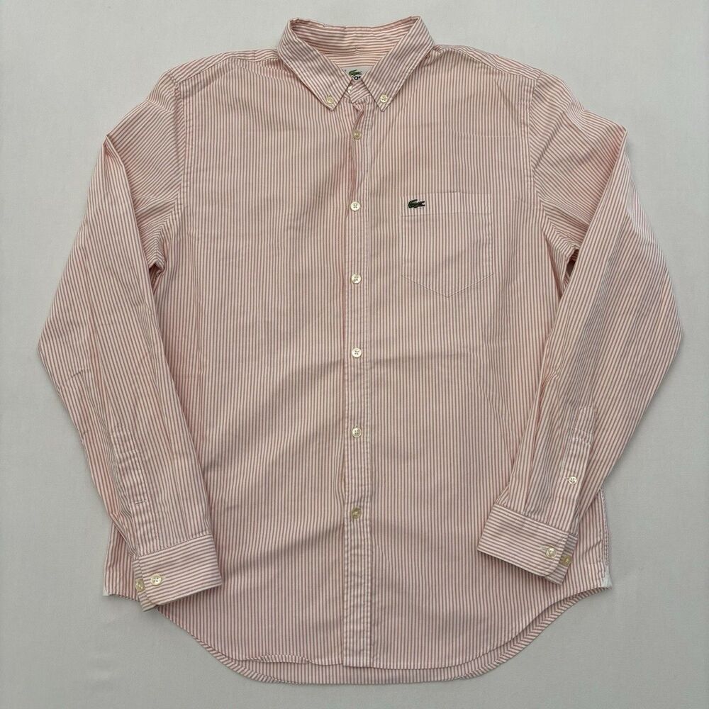 Lacoste Shirt Mens 42 Large Pink White Stripes Long Sleeve Button Up Slim RARE